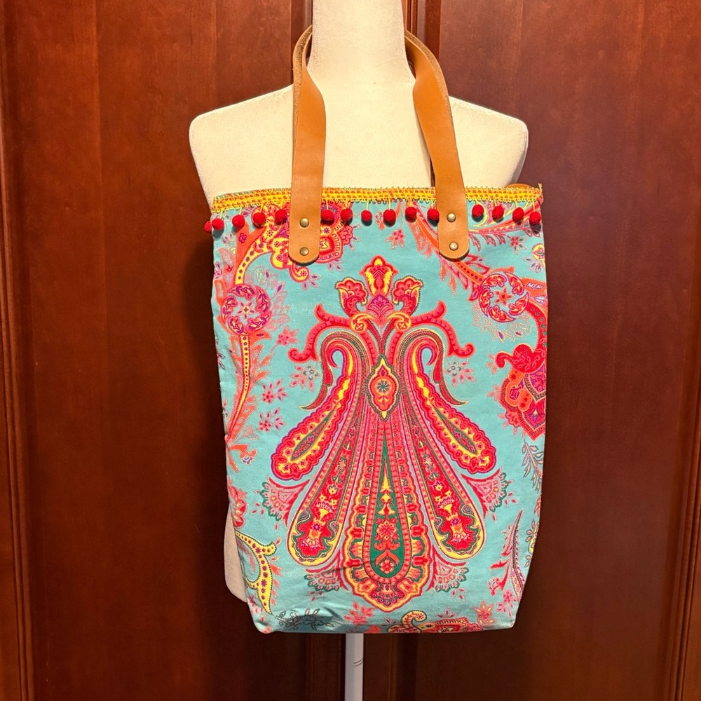 Roberta Roller Rabbit Colorful Paisley  Pom Pom Tote Bag